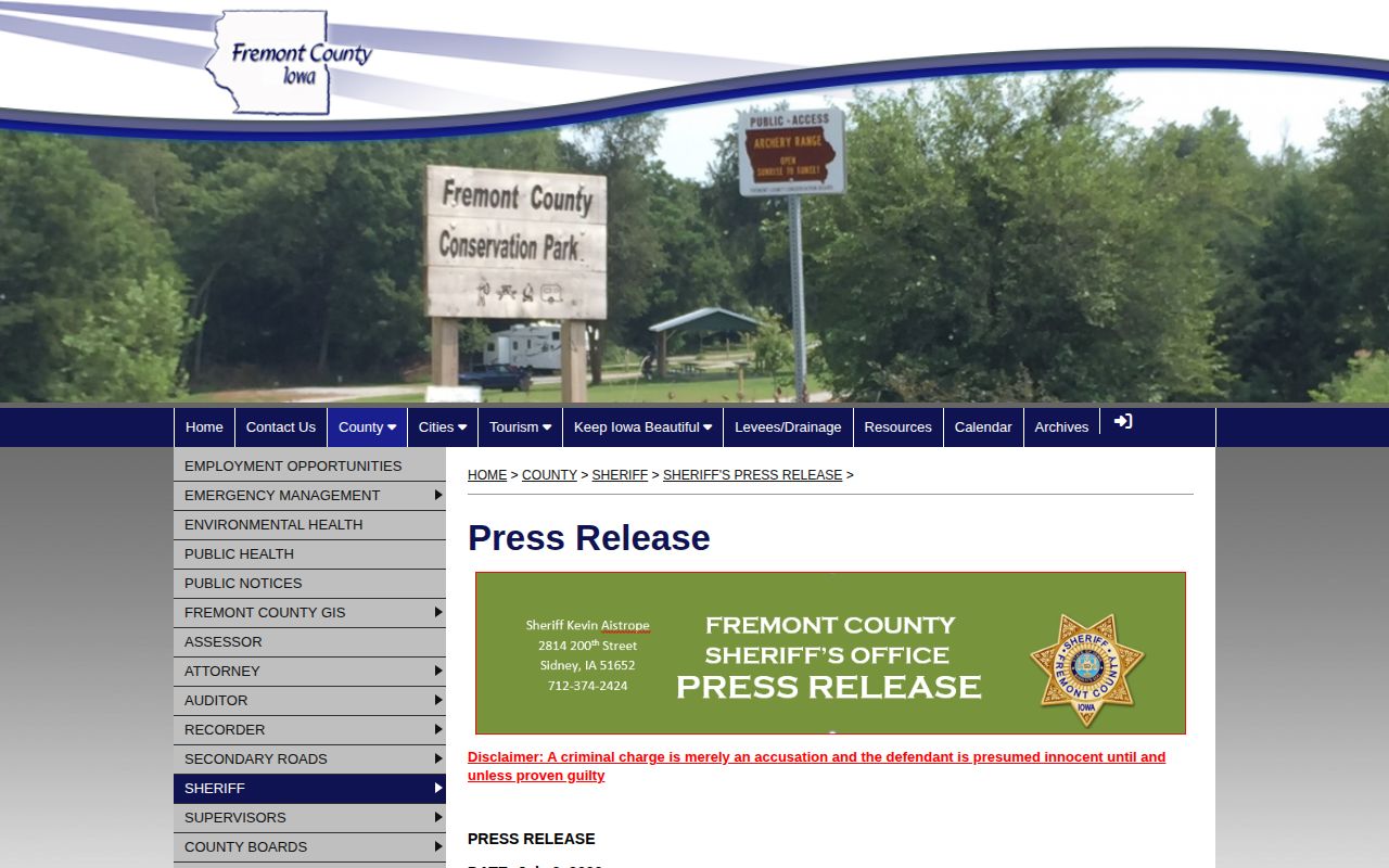 Official Fremont County Sheriff arrest press-release archive and booking record source